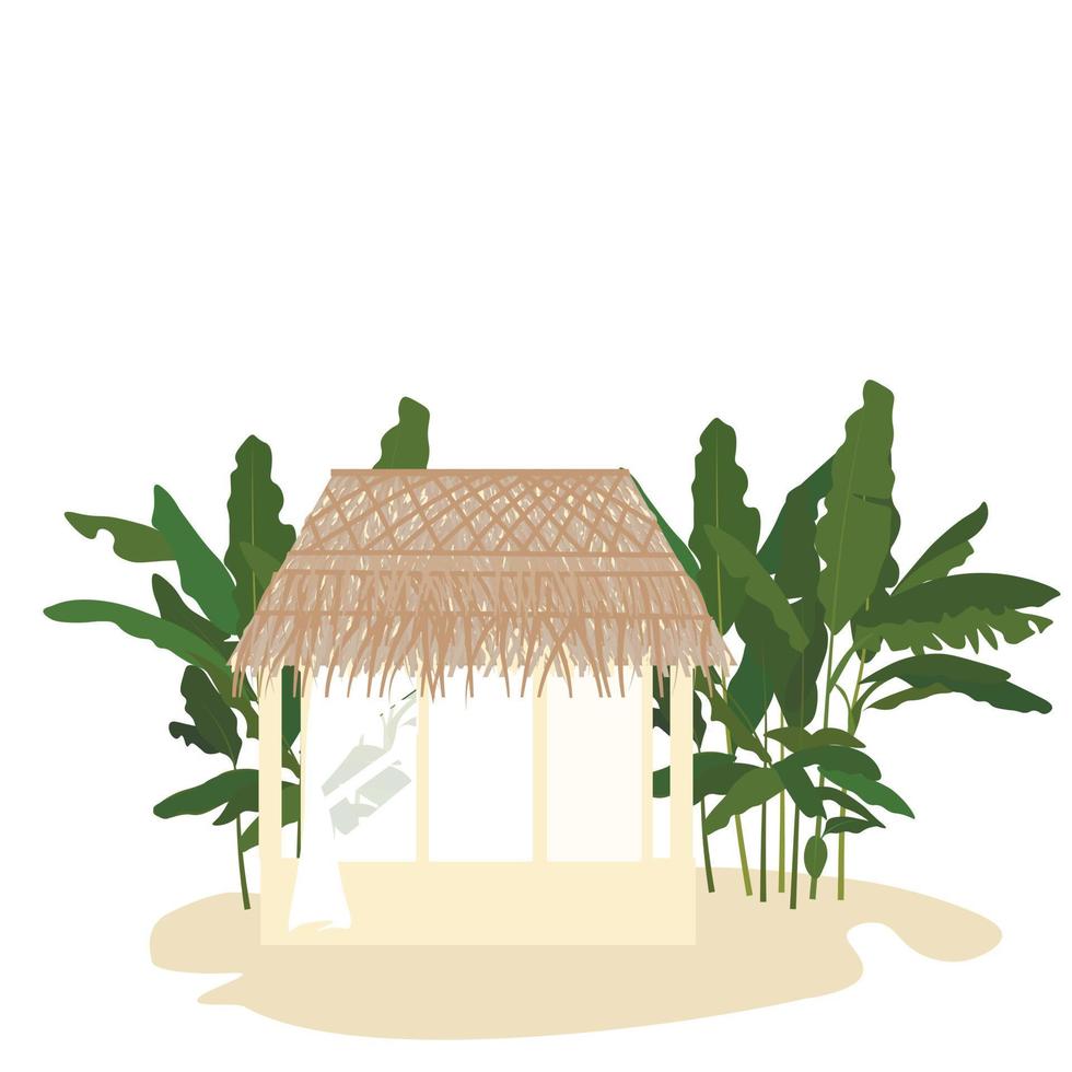 Ilustración de stock vectorial de bungalows. una casa con techo de paja. palmeras y una choza en una isla tropical. viajes, vacaciones, vacaciones. Aislado en un fondo blanco. vector