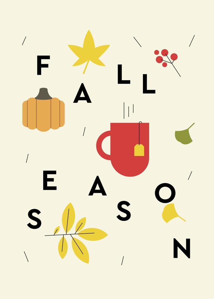 Fall season poster with text and seasonal elements.  Autumn postcard with socks. leaves and decorative background. vector