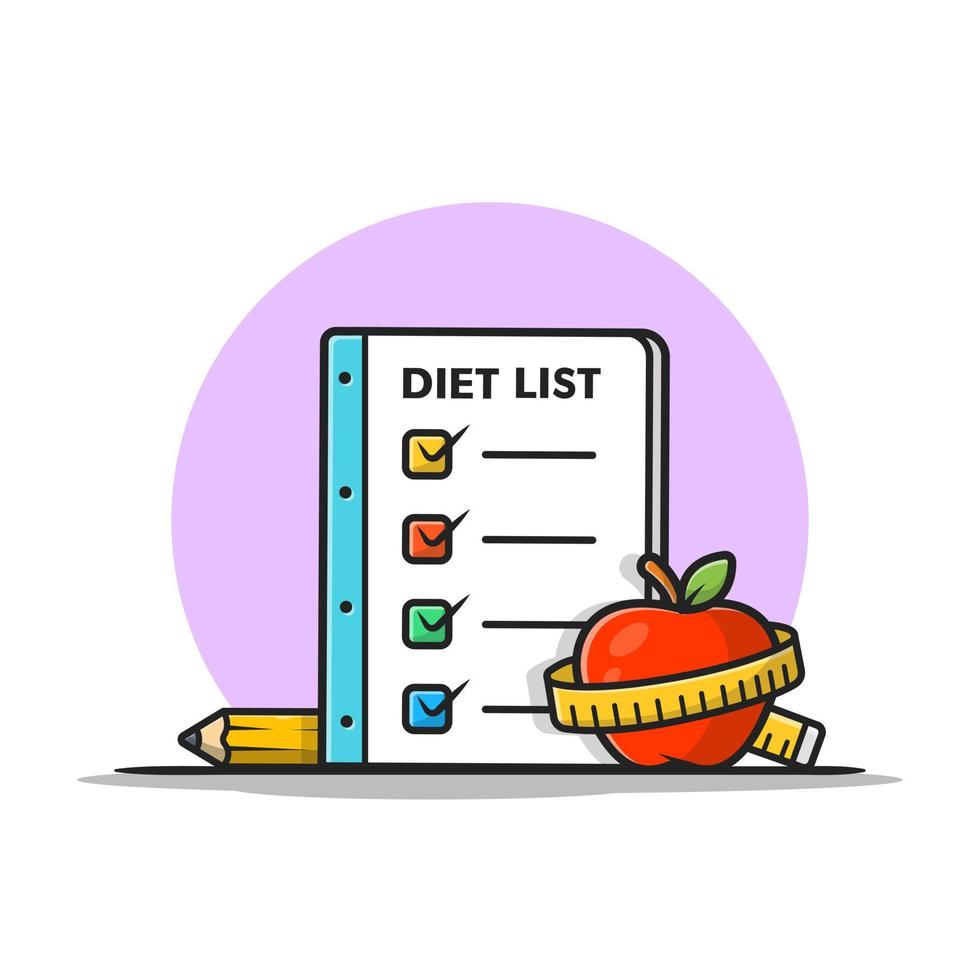 lista de dieta, manzana, con ilustración de icono de vector de dibujos animados de lápiz. concepto de icono saludable de alimentos vector premium aislado. estilo de dibujos animados plana