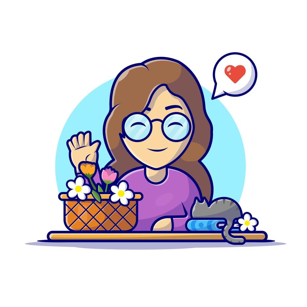 linda chica y cubo de flores, gato, ilustración de icono de vector de dibujos animados de libro. gente naturaleza icono concepto aislado premium vector. estilo de dibujos animados plana