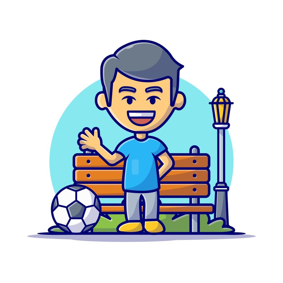 niño lindo jugando al fútbol en la ilustración del icono del vector de dibujos animados del parque. gente deporte icono concepto aislado premium vector. estilo de dibujos animados plana