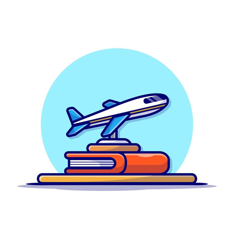 avión en miniatura con ilustración de icono de vector de dibujos animados de libro. concepto de icono de transporte empresarial vector premium aislado. estilo de dibujos animados plana