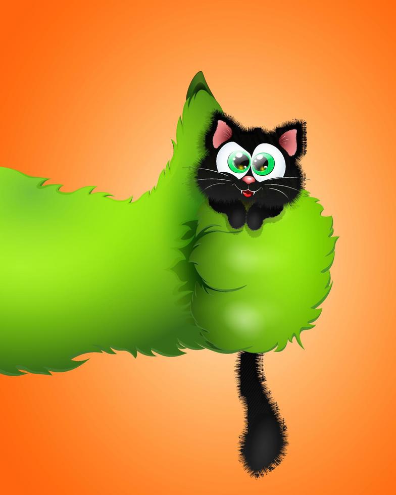 Cartoon Halloween green like paw with angry little black cat in the hand. vector