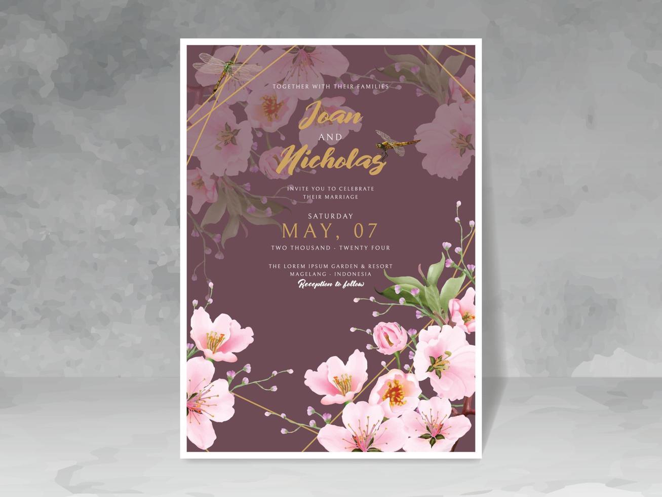 wedding invitation card with cherry blossom and dragonfly vector