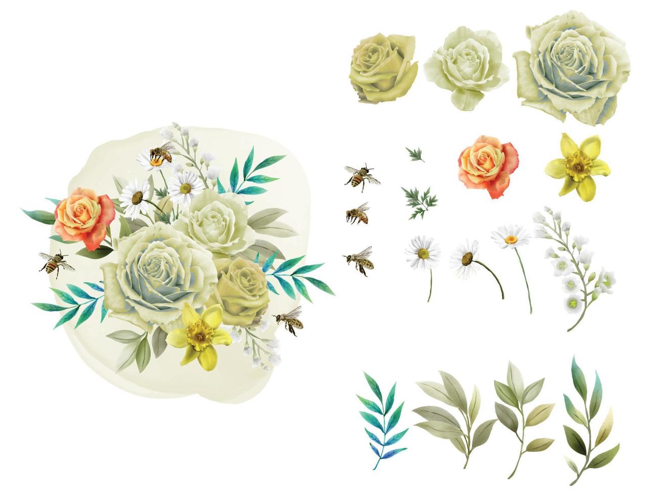 set watercolor element yellow flowers and bees vector