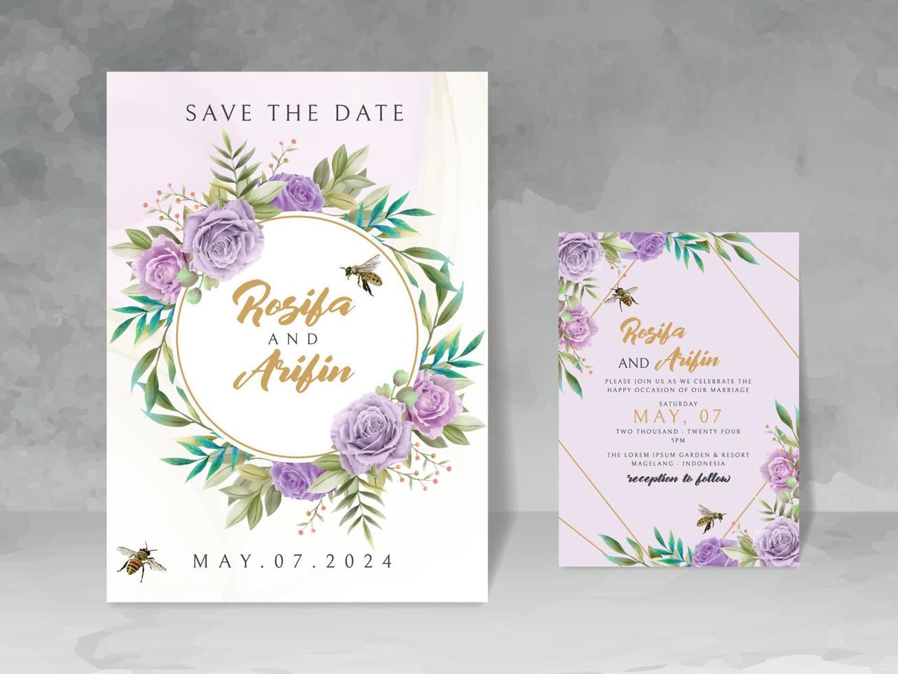 elegante invitación de boda con acuarela floral y abejas vector