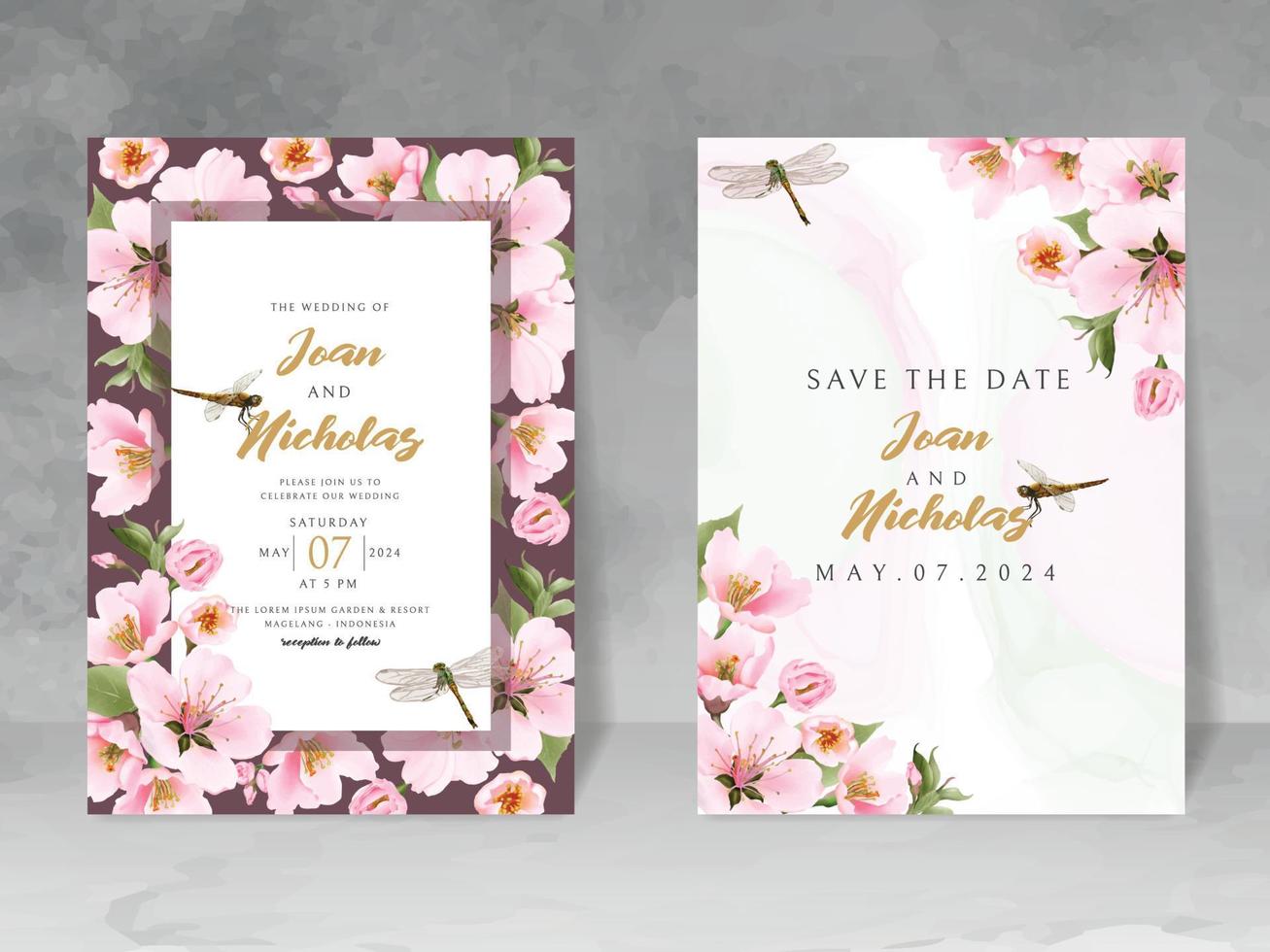 wedding invitation card with cherry blossom and dragonfly vector