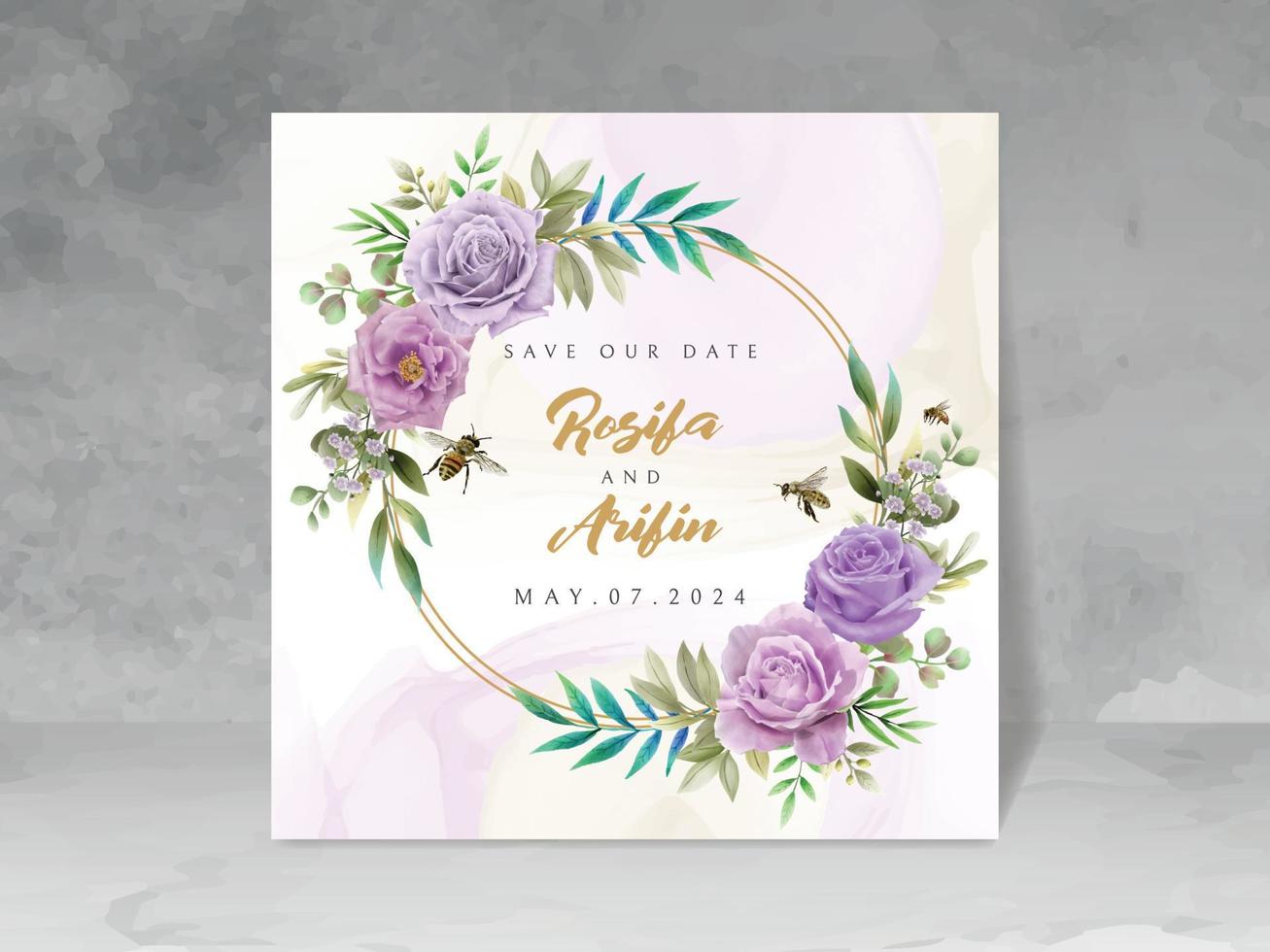 elegante invitación de boda con acuarela floral y abejas vector