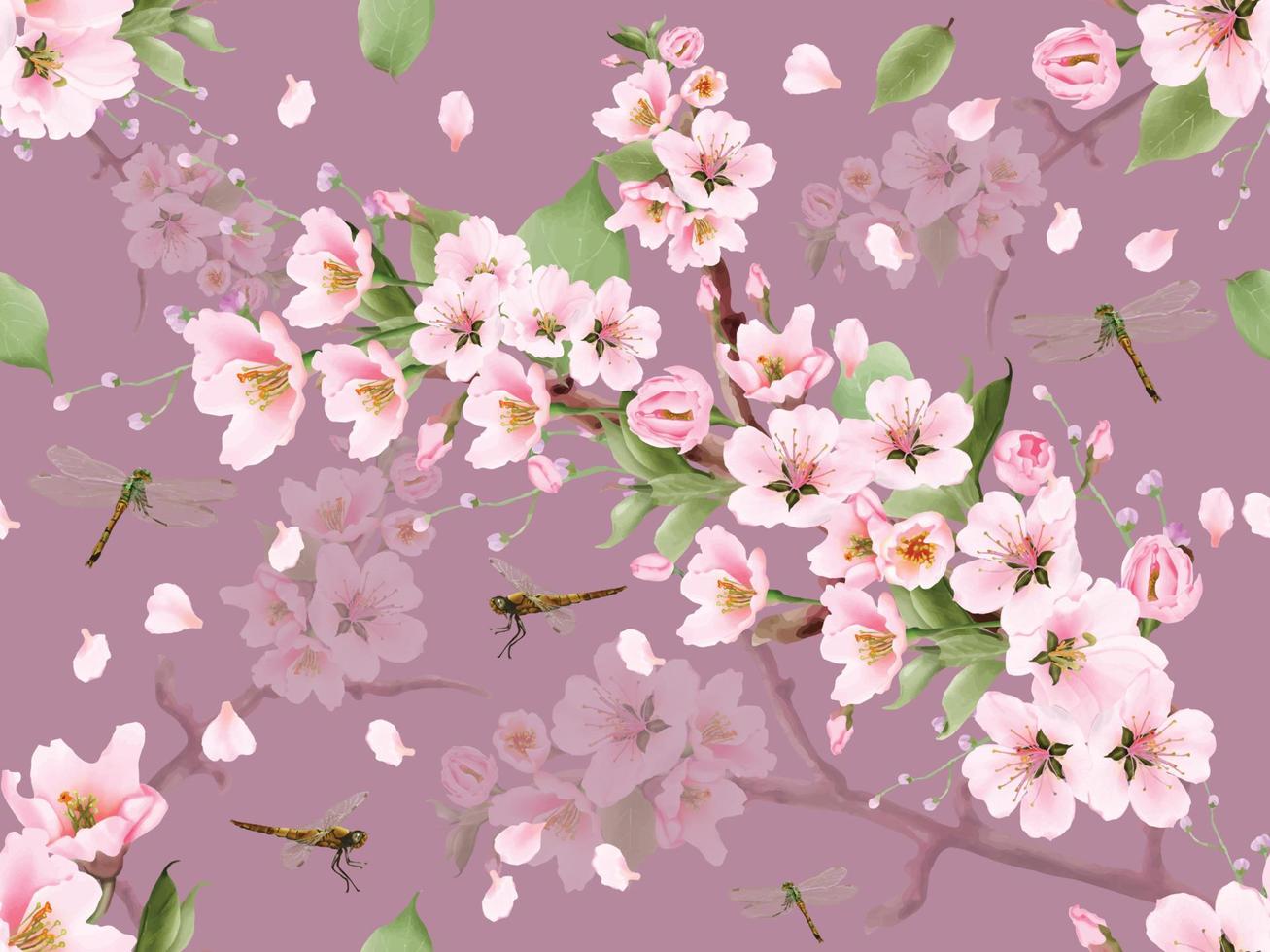seamless, patrón, acuarela, flor de cerezo, y, libélula vector