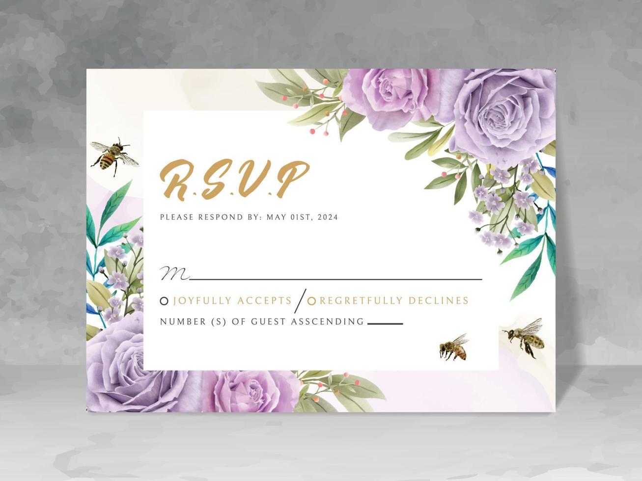 elegant wedding invitation with floral and bees watercolor vector