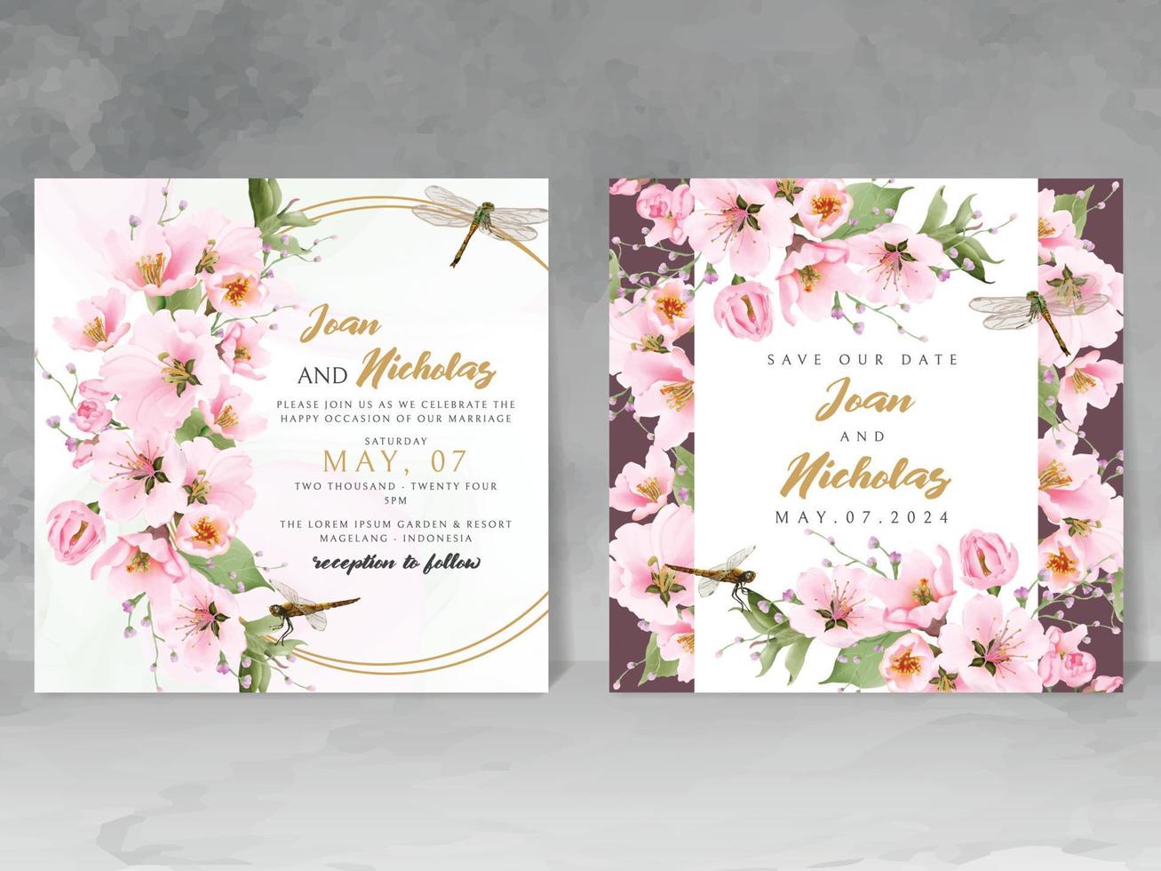 wedding invitation card with cherry blossom and dragonfly vector