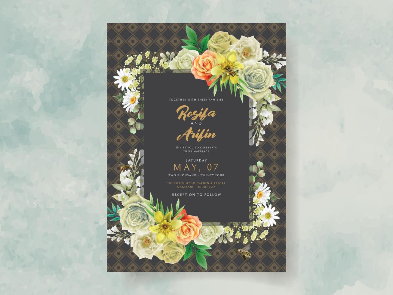 elegante invitación de boda flores amarillas y abejas vector