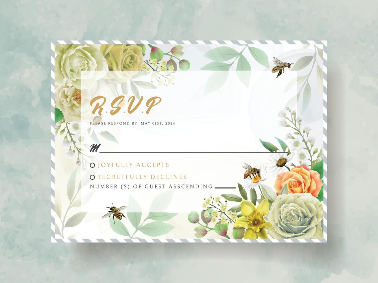 elegante invitación de boda flores amarillas y abejas vector