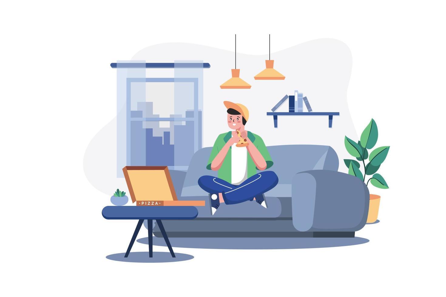 Boy Eating Pizza on sofa vector