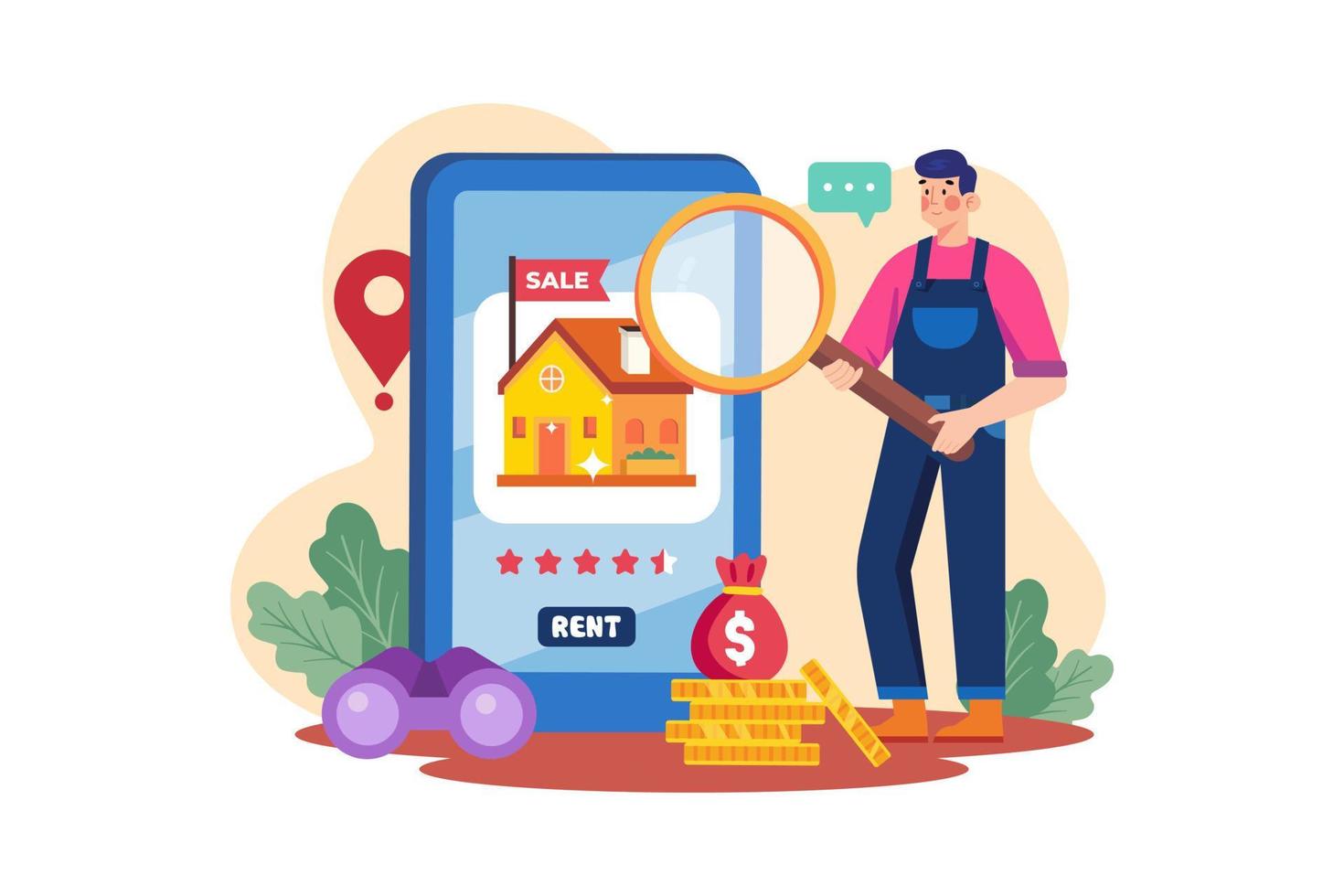 A man finding a house for rent on a mobile app vector