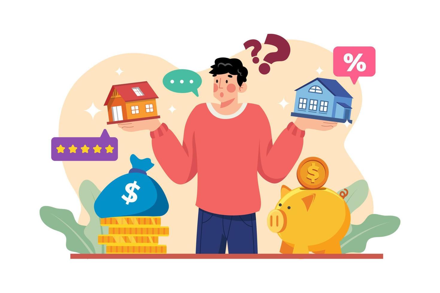 Man confused about choosing a house vector
