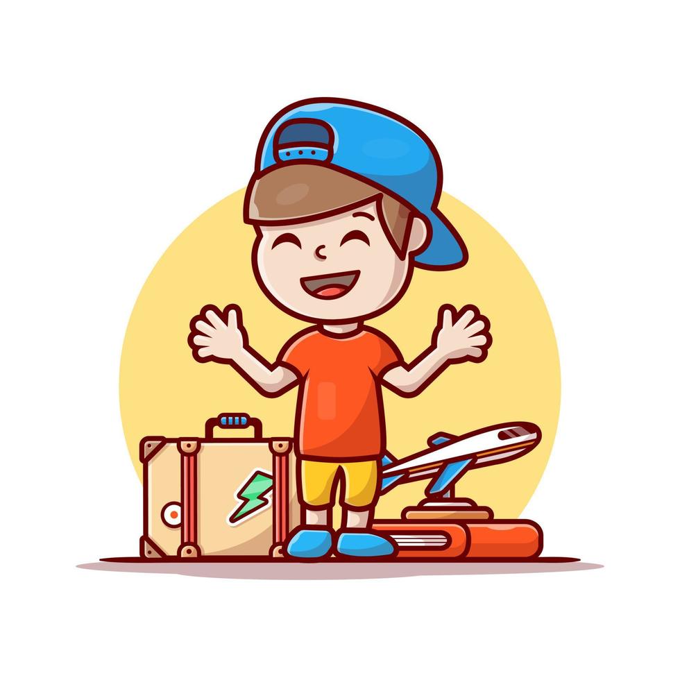 lindo niño viajando dibujos animados vector icono ilustración. concepto de icono de vacaciones de personas vector premium aislado. estilo de dibujos animados plana