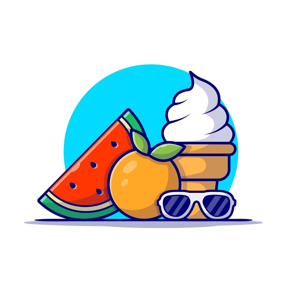 Watermelon, Orange, Ice Cream And Glasses Cartoon Vector  Icon Illustration. Food Holiday Icon Concept Isolated  Premium Vector. Flat Cartoon Style