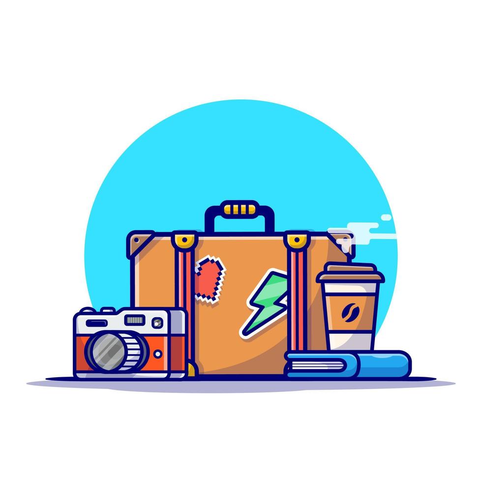 Suitcase, Camera, Book And Coffee Cartoon Vector Icon  Illustration. Holiday Business Icon Concept Isolated Premium  Vector. Flat Cartoon Style