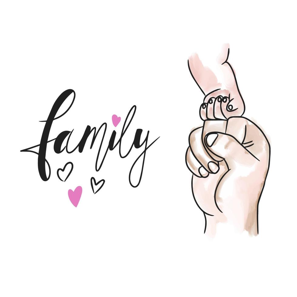 Family, handwritten lettering, cartoon children's hand holds a fist in the hand of an adult in a fist vector