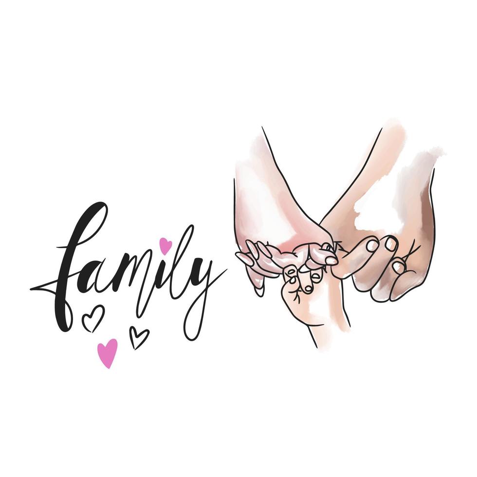 Family, handwritten lettering, hands of mom, dad and child hold with little fingers vector