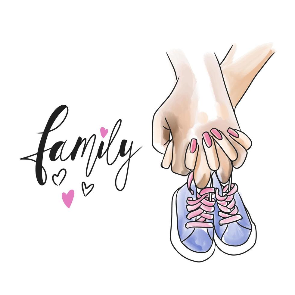 Family, handwritten lettering, male and female hand holding toddlers tiny shoes vector