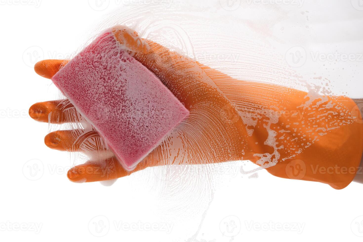 Gloved hand with a wet cleaning sponge on a white background washes