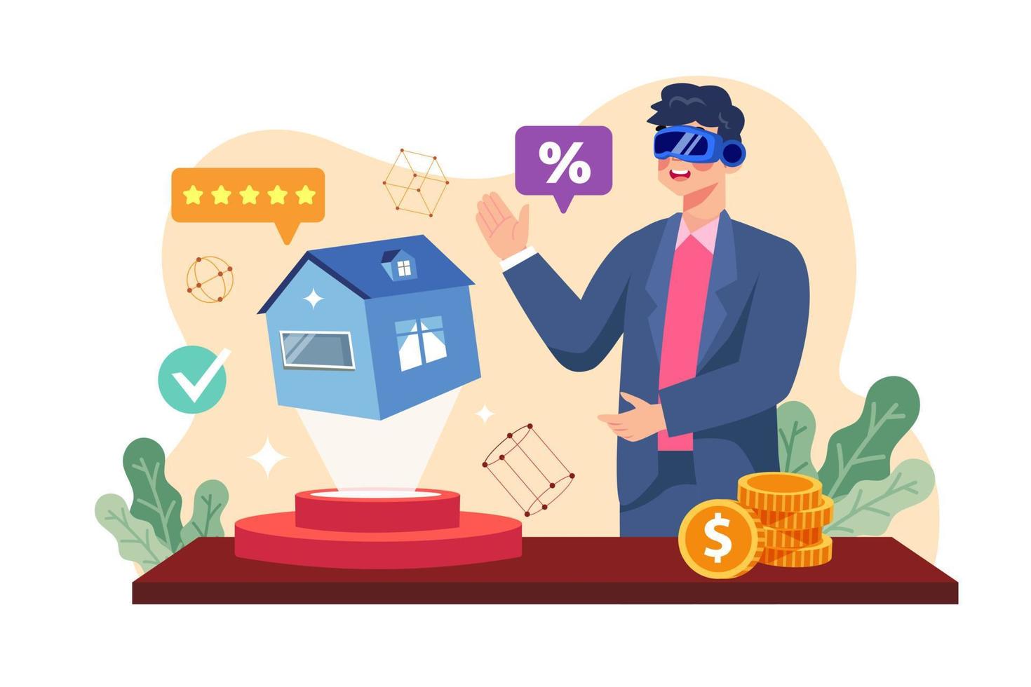 Man rents house online using VR technology vector