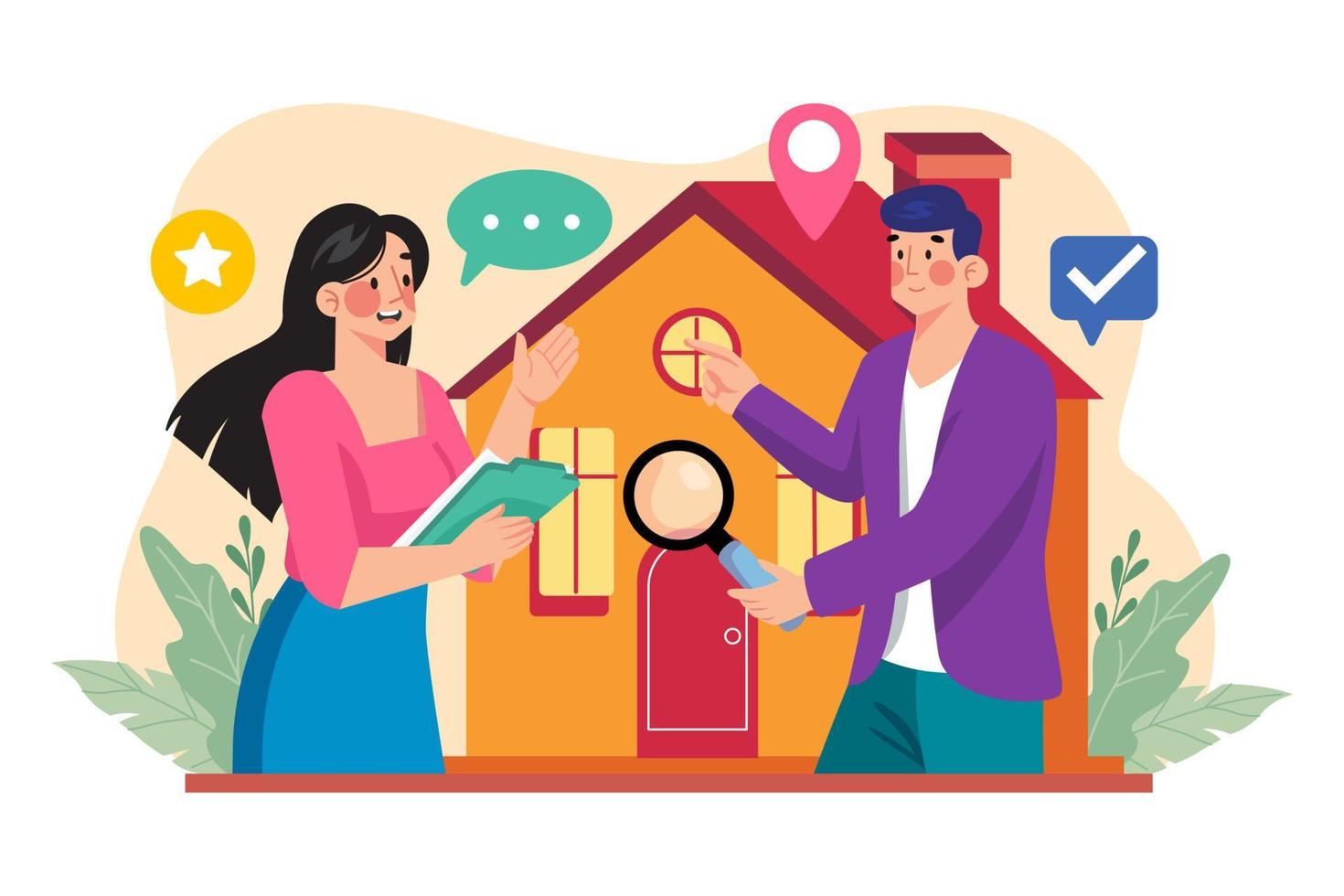The broker is introducing the rental house to the client vector