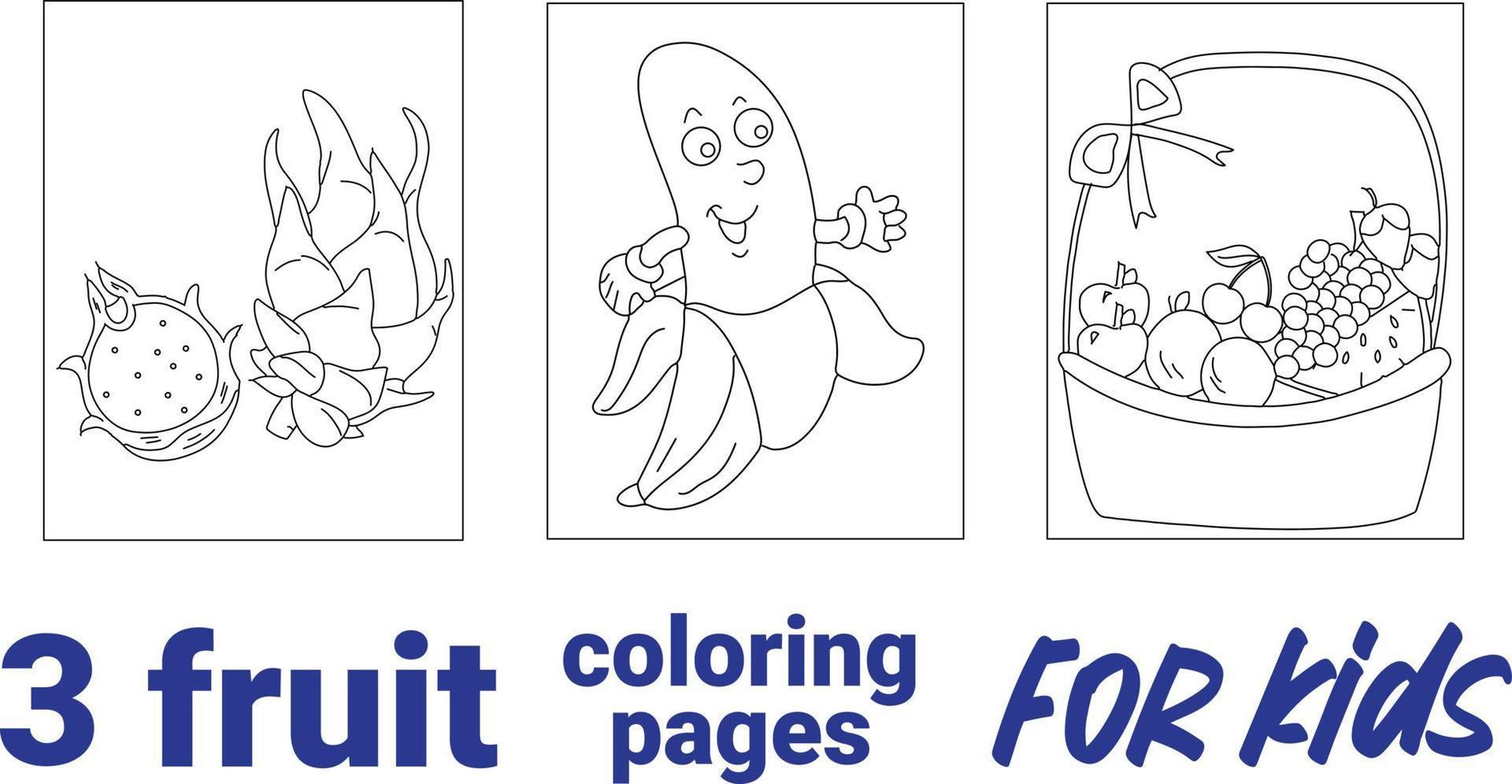 libro para colorear con varias frutas. blanco y negro para colorear. material educativo y escolar, página para colorear para niños, imprimible, actividad, hoja de trabajo, tarjeta flash. vector