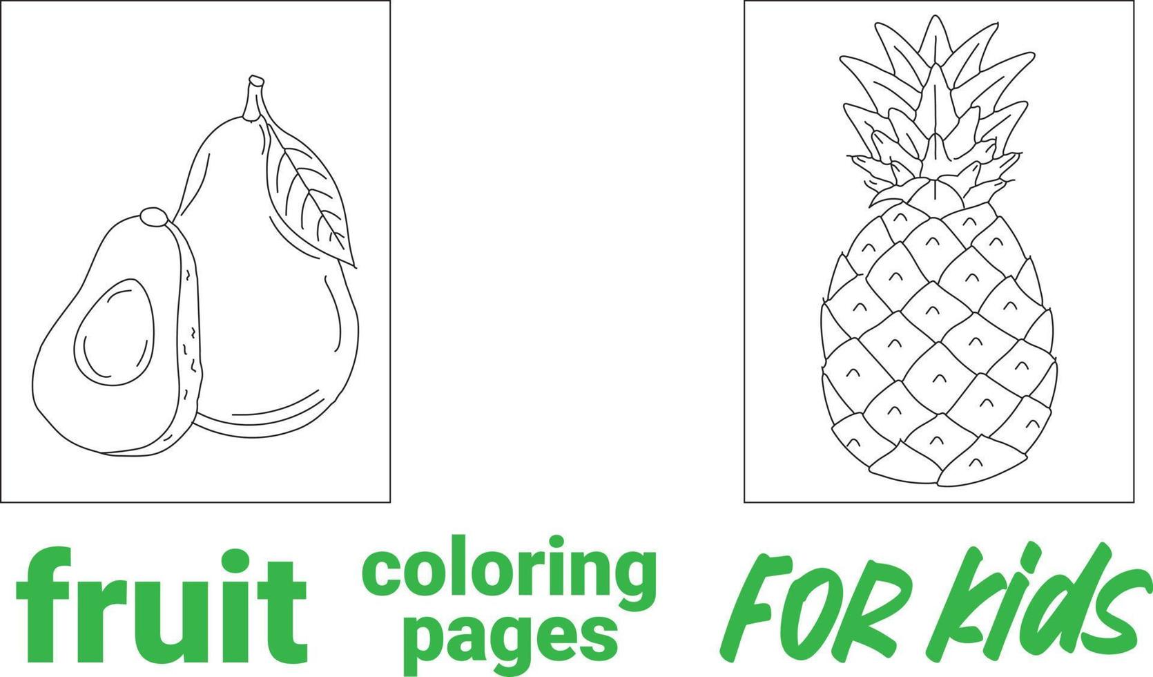 Coloring book with various fruits. Black and White for coloring. Education and school material, kids coloring page, printable, activity, worksheet, flash card. vector