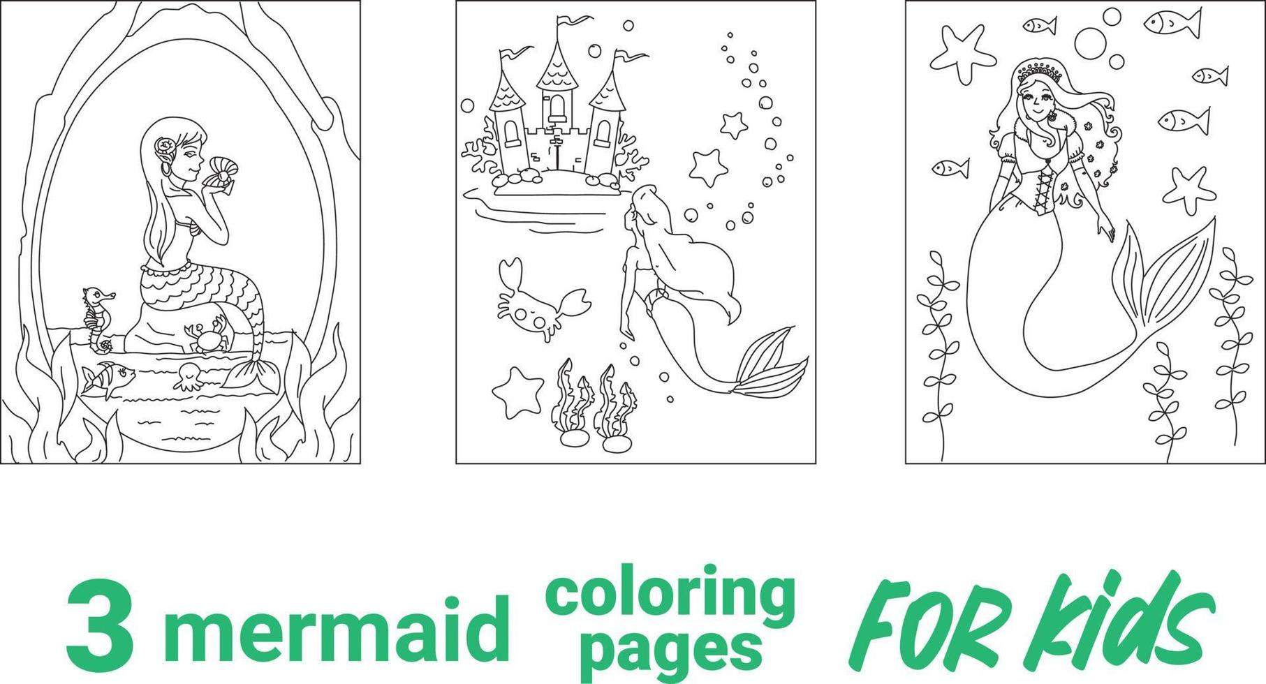 Cartoon set of mermaid dolls coloring page. Coloring book page with colorful template for kids. Vector isolated illustration. Coloring book mermaid.