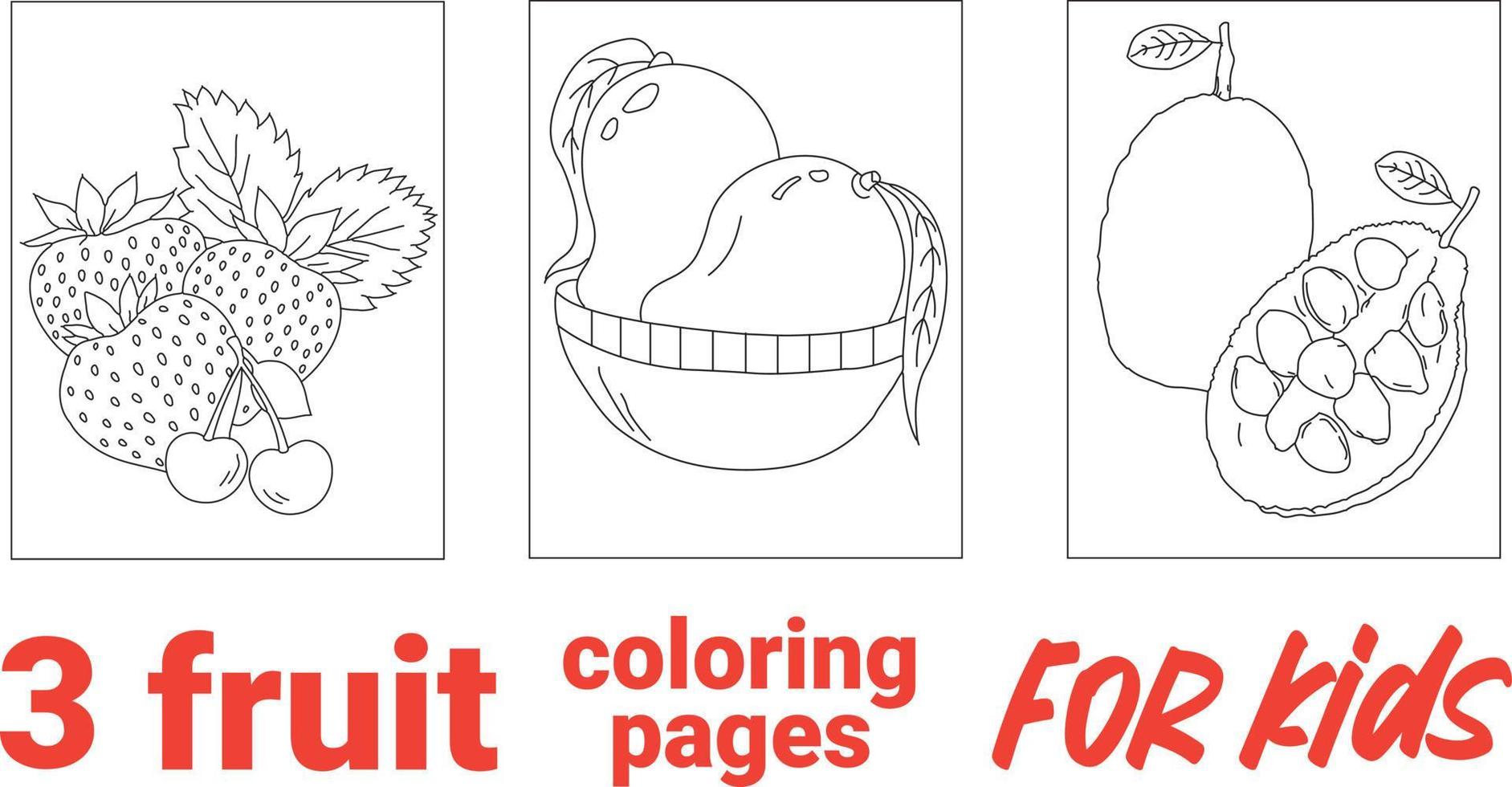 libro para colorear con varias frutas. blanco y negro para colorear. material educativo y escolar, página para colorear para niños, imprimible, actividad, hoja de trabajo, tarjeta flash. vector