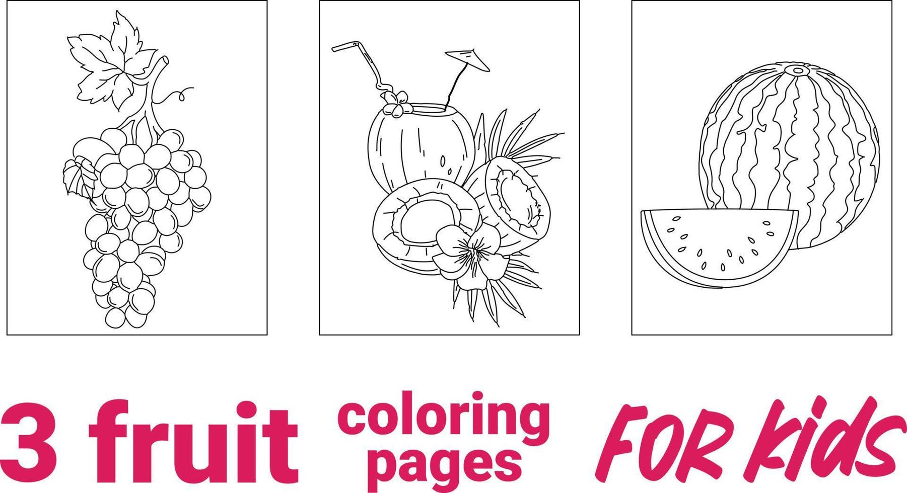 libro para colorear con varias frutas. blanco y negro para colorear. material educativo y escolar, página para colorear para niños, imprimible, actividad, hoja de trabajo, tarjeta flash. vector