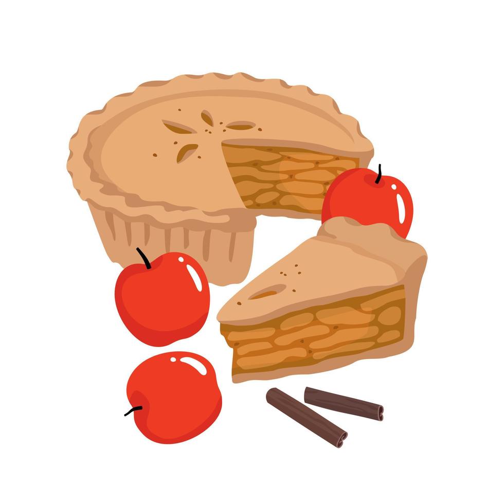 tarta de manzana charlotte con un trozo cortado, palitos de canela y manzanas rojas. vector