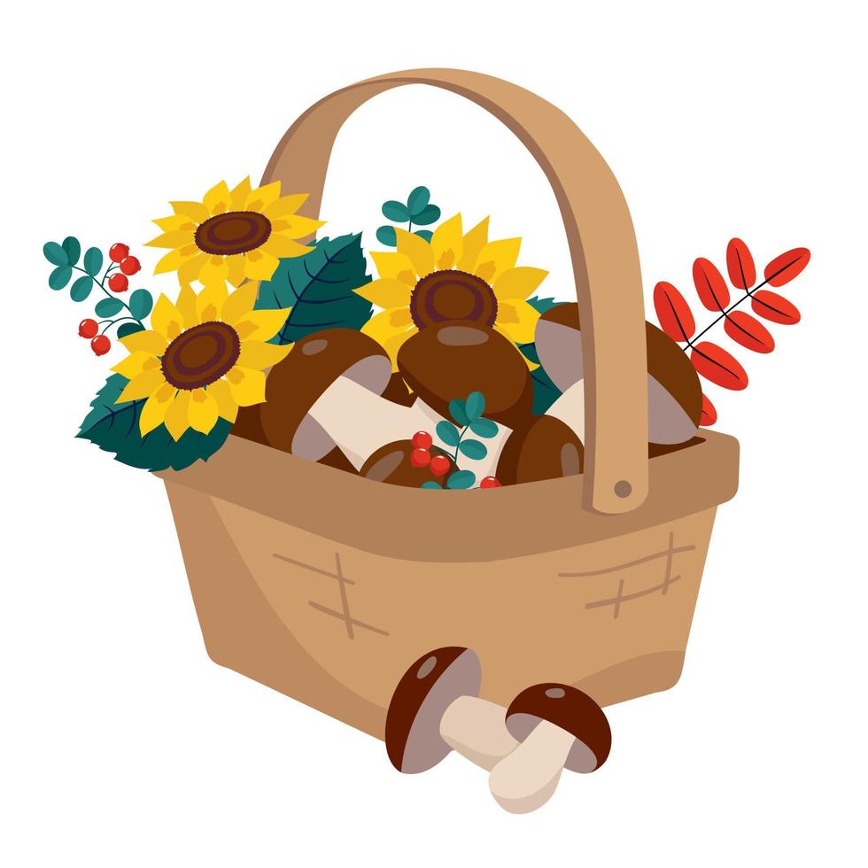 Basket with mushrooms, cranberries, and sunflowers vector