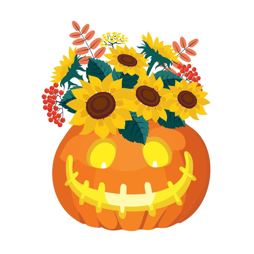 calabaza de halloween con un ramo de girasol. vector