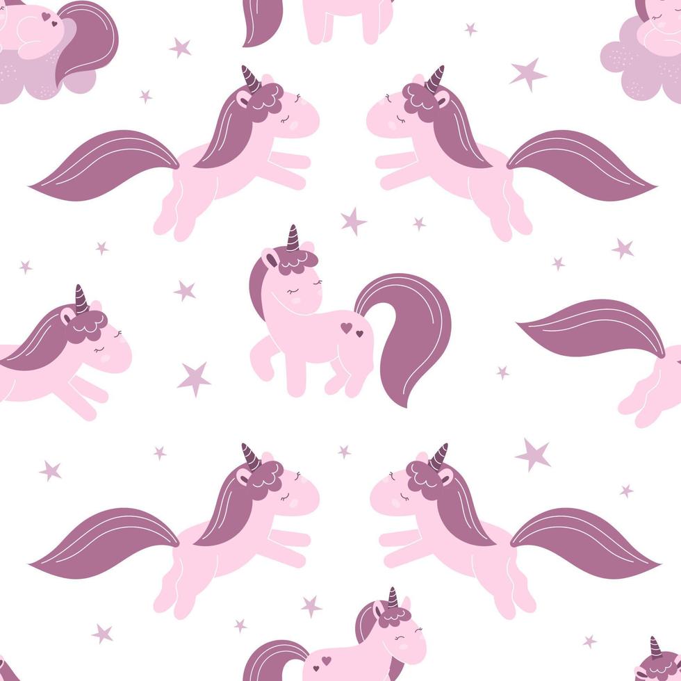 Seamless pattern with cute fairy unicorns, clouds, stars. Decor for a nursery, packaging, wallpaper, print for clothes. Vector illustration in flat style, child character