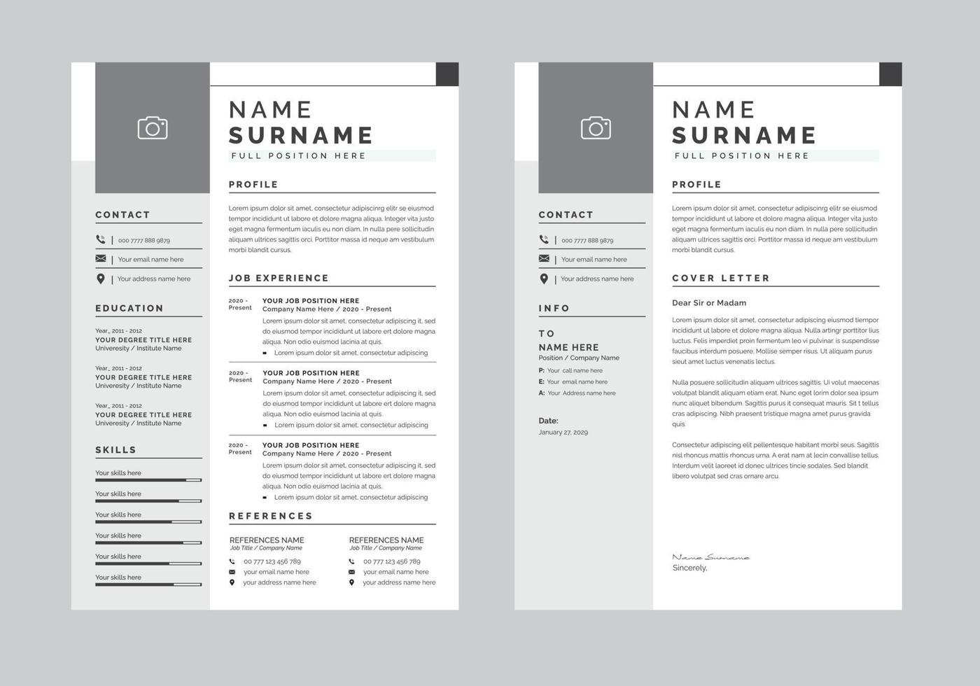 Creative Resume Page 1 Layout Set with White Accents Vector