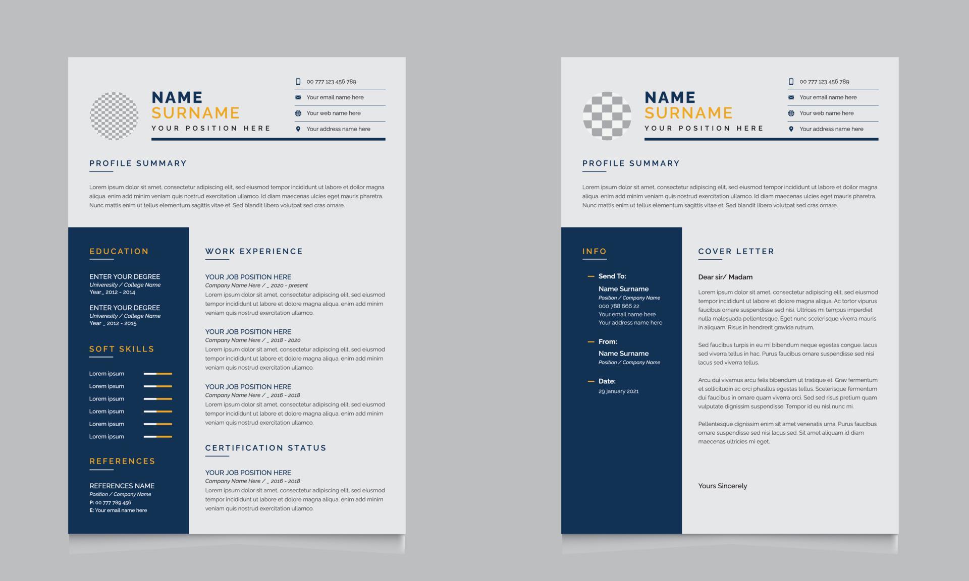 Clean modern resume or cv template one page resume set vector file