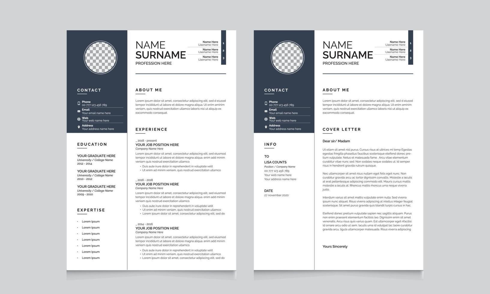 Creative Resume Page 1 Layout Set with Clean 2 page Vector