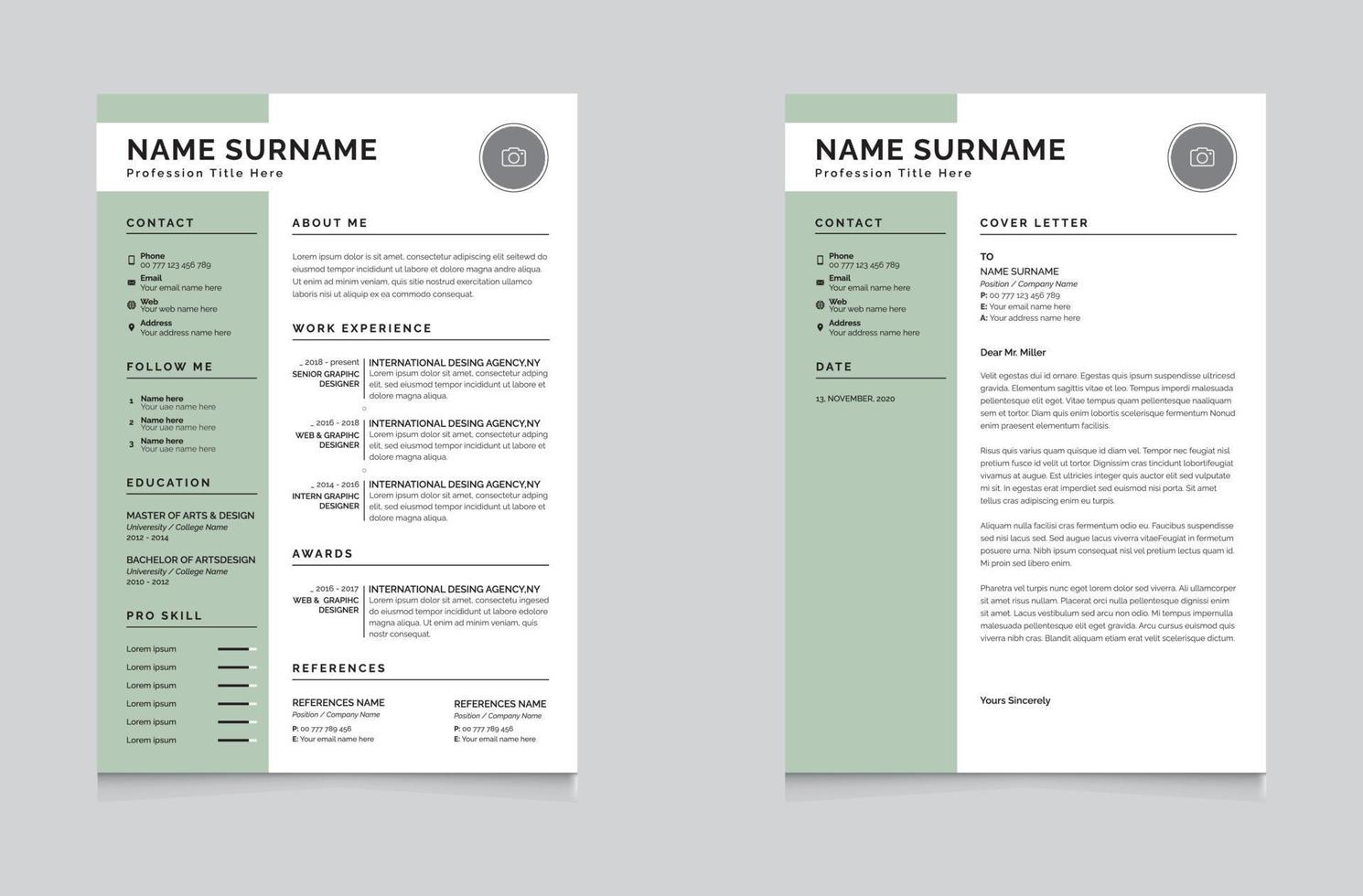 Minimalist Resume and Cover Letter Layout Blue Sidebar Color Design vector