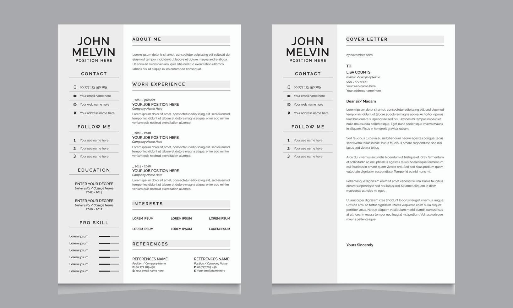 Creative  Minimal Resume Templates, Gray Minimal cv design vector