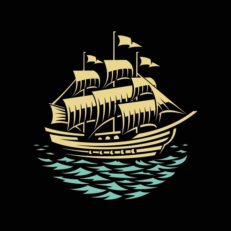 Pirate ship - hand drawn vector illustration in black background