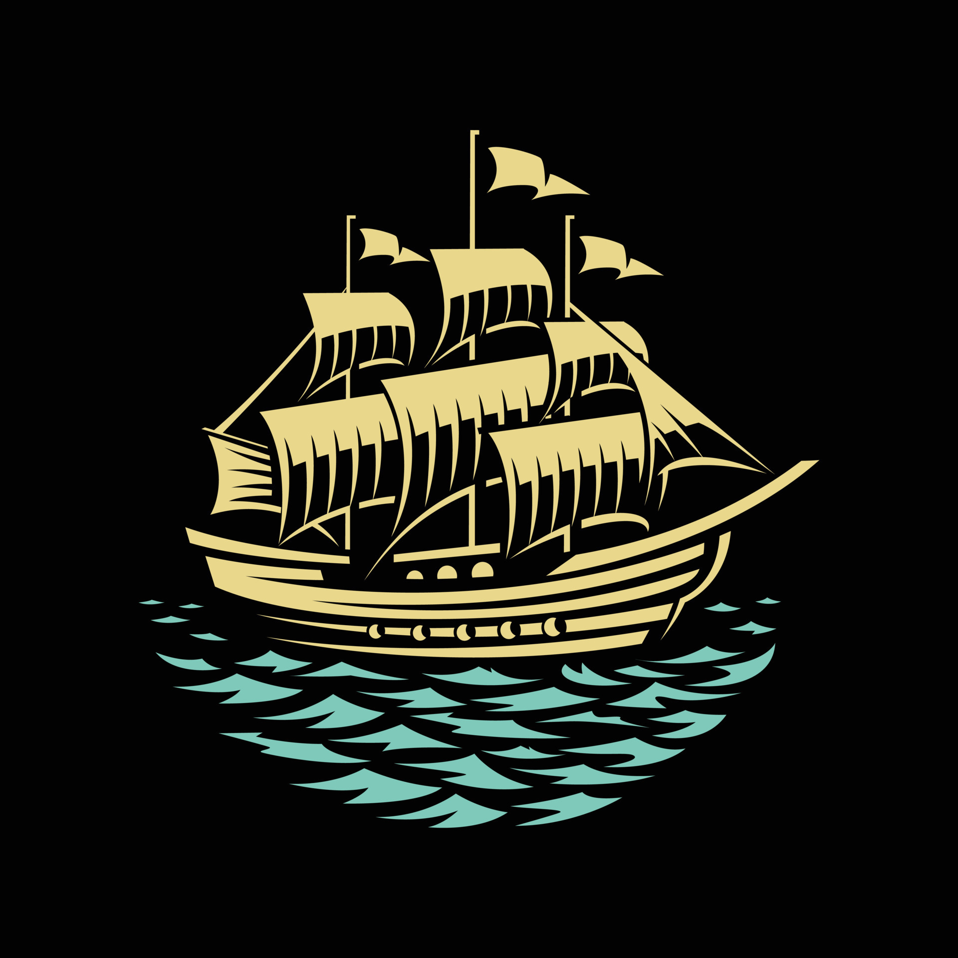 Pirate ship - hand drawn vector illustration in black background