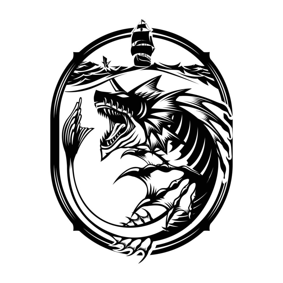 monstruo dragón bajo el mar con una ilustración de barco pirata vector