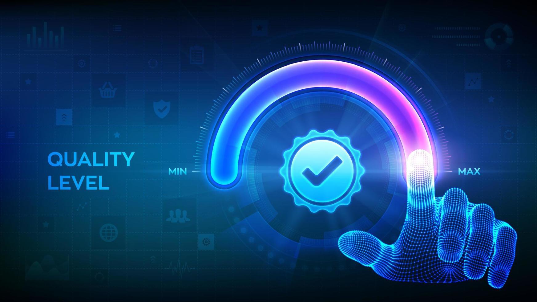 Quality levels growth. Wireframe hand is pulling up to the maximum position circle progress bar with the quality icon. Quality improvement assurance certification service concept. Vector illustration.