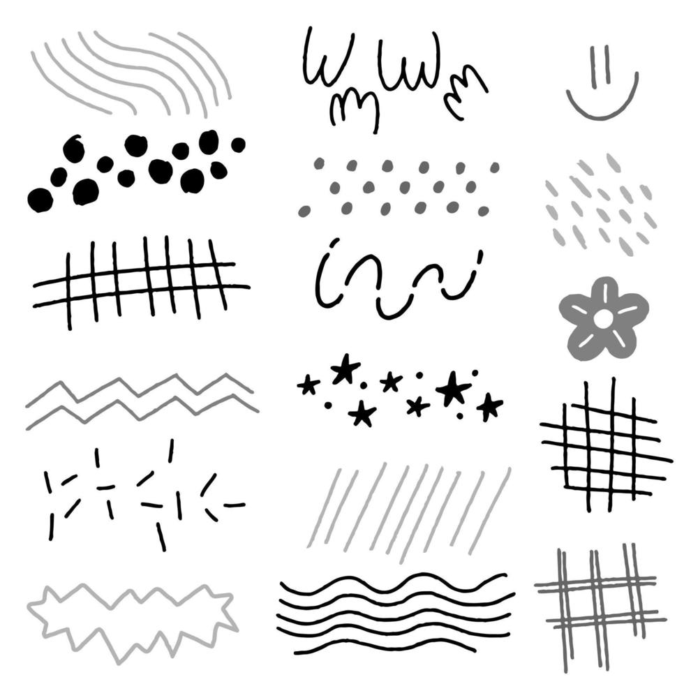 abstracto negro blanco raya formulario garabato dibujo a mano bolígrafo pintar marcador pincel tinta garabato malla lunares flor sonrisa estrella textura modelo colección set vector ilustración