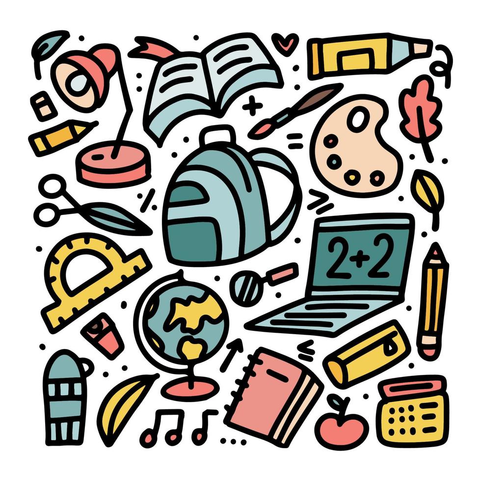 Colorful doodle cartoon set of School objects and symbols. Collection of kids educational elements and stationery. Vector cozy illustration for back to school