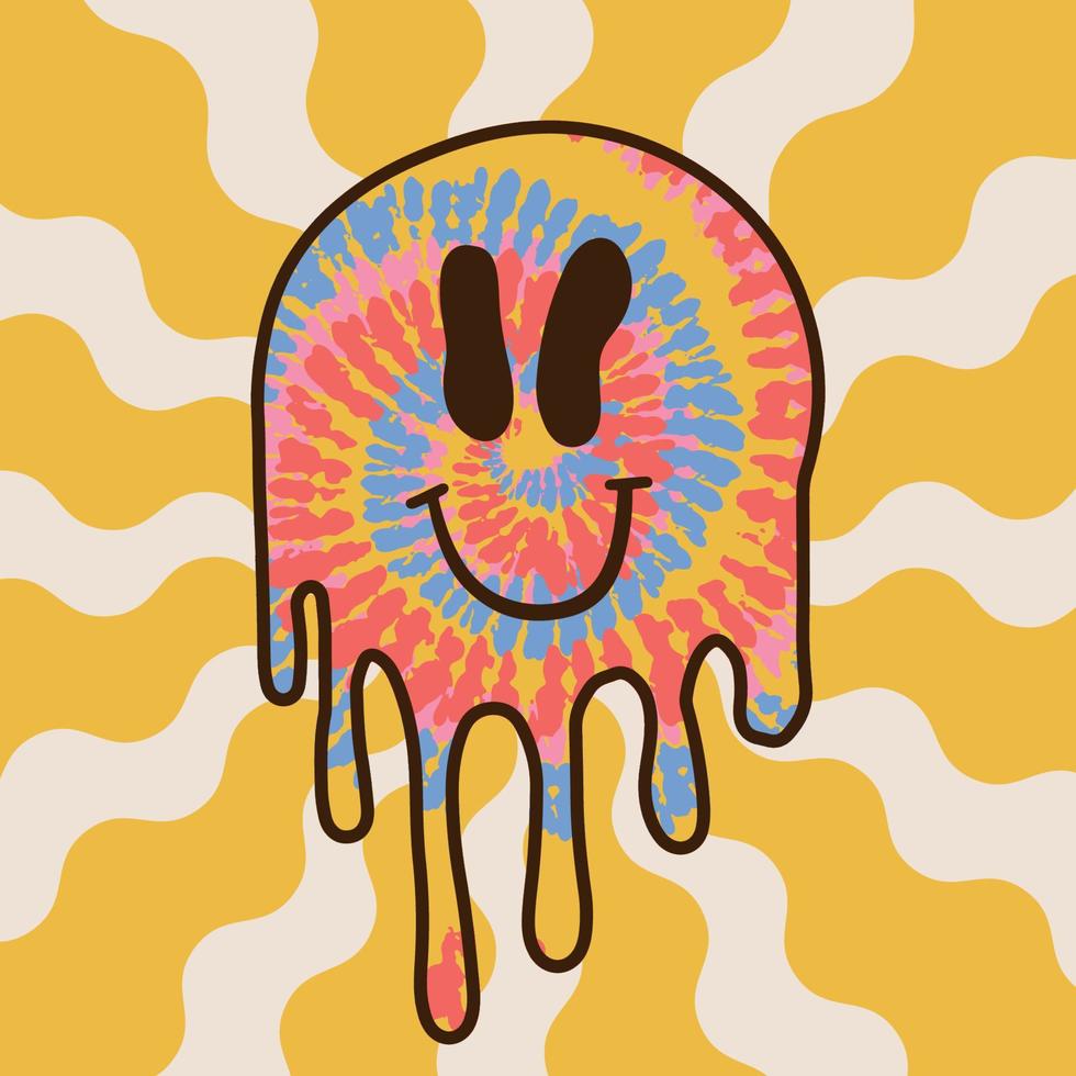 divertido feliz tie dye surrealista cara de sonrisa en el fondo psicodélico. emoji cara maravillosa atado, ácido, tecno, impresión trippy de los años 70 para camiseta, afiche, tarjeta. ilustración de personaje de dibujos animados de vector